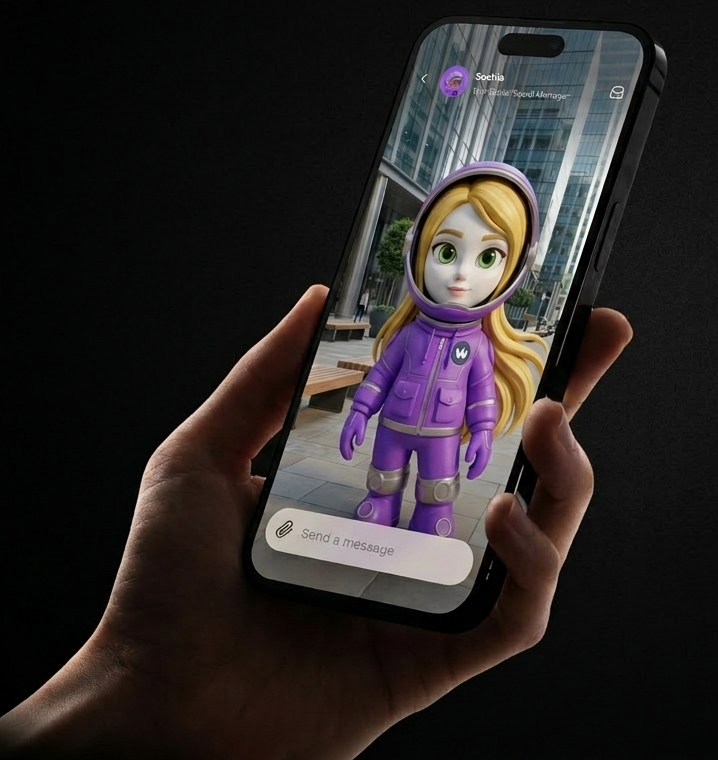 Hand holding a smartphone displaying a blonde 3D character in a purple astronaut suit against a black background.